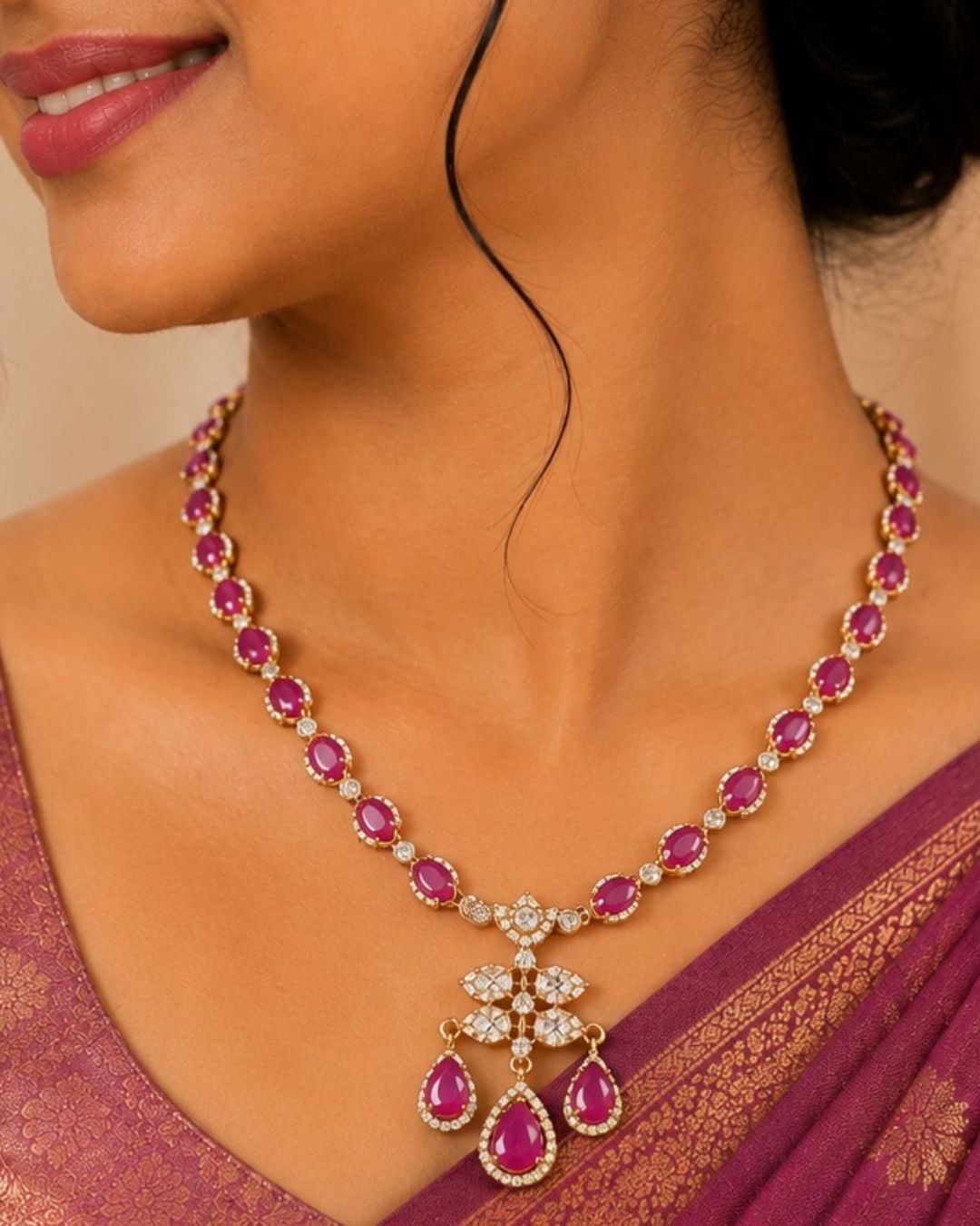 A close-up of a woman wearing a gold-toned necklace with pinkish-red teardrop-shaped stones and small clear stones, paired with a purple saree.