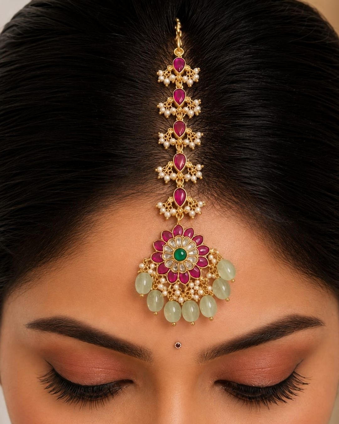 Beautiful traditional gold plated maang tikka featuring multiple pink teardrop stones along the chain, a floral pendant with vibrant pink petals and a green center stone, sparkling white stones, delicate pearl clusters, and multiple green bead drops. Perfect for weddings, festive occasions, traditional outfits, bridal styling, and special celebrations.