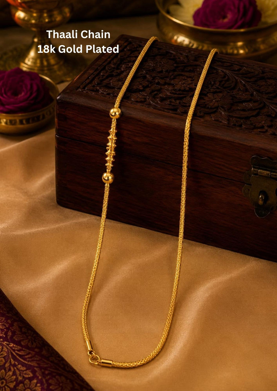 Beautiful 18K gold plated Thaali chain designed with a smooth woven pattern and elegant traditional detailing.
Lightweight, durable, and perfect for daily wear or special occasions.
Ideal for weddings, religious ceremonies, festive celebrations, and traditional styling.