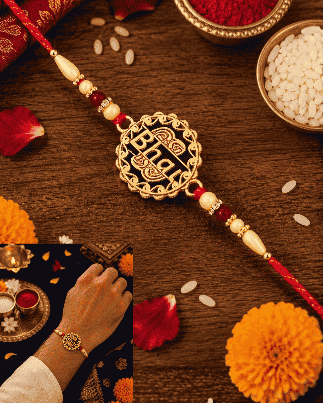Elegant Bhai Rakhi showcasing a stylish gold-tone "Bhai" centerpiece with premium bead detailing and a festive handcrafted design for Raksha Bandhan.