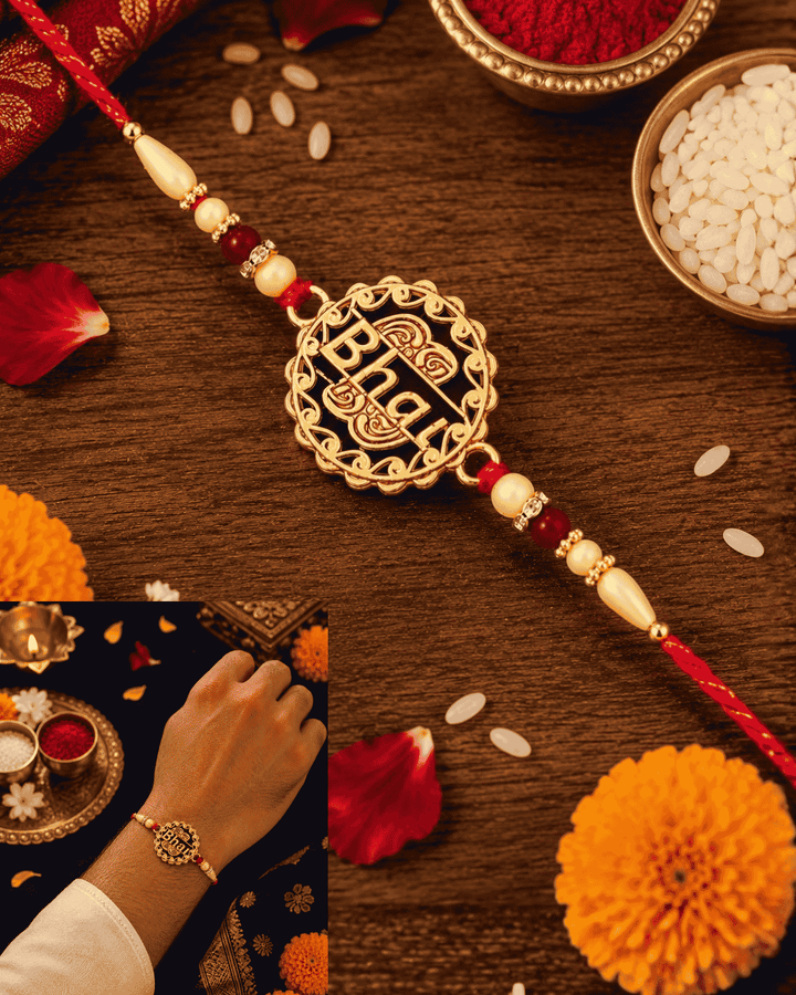 Elegant Bhai Rakhi showcasing a stylish gold-tone "Bhai" centerpiece with premium bead detailing and a festive handcrafted design for Raksha Bandhan.