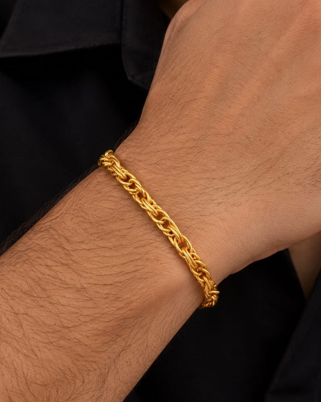 Premium gold plated men’s bracelet featuring a bold layered chain pattern and polished finish. Suitable for everyday wear, parties, festive occasions, special events, and gifting.