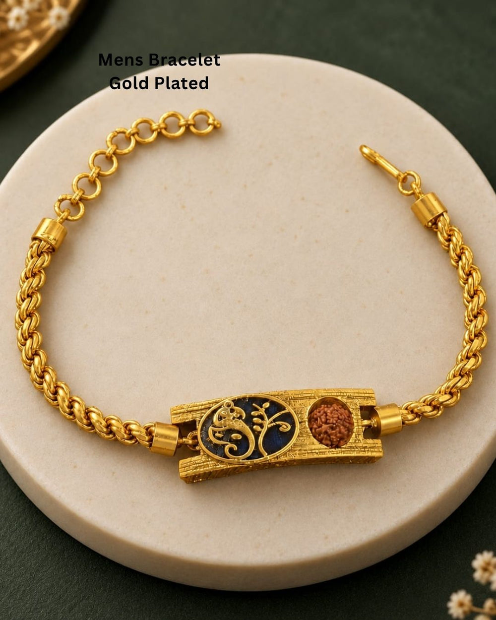 Stylish gold plated men’s bracelet featuring a braided chain, ornate rectangular centerpiece with black enamel detailing and a textured bead accent, perfect for daily wear, festive occasions, and traditional styling.