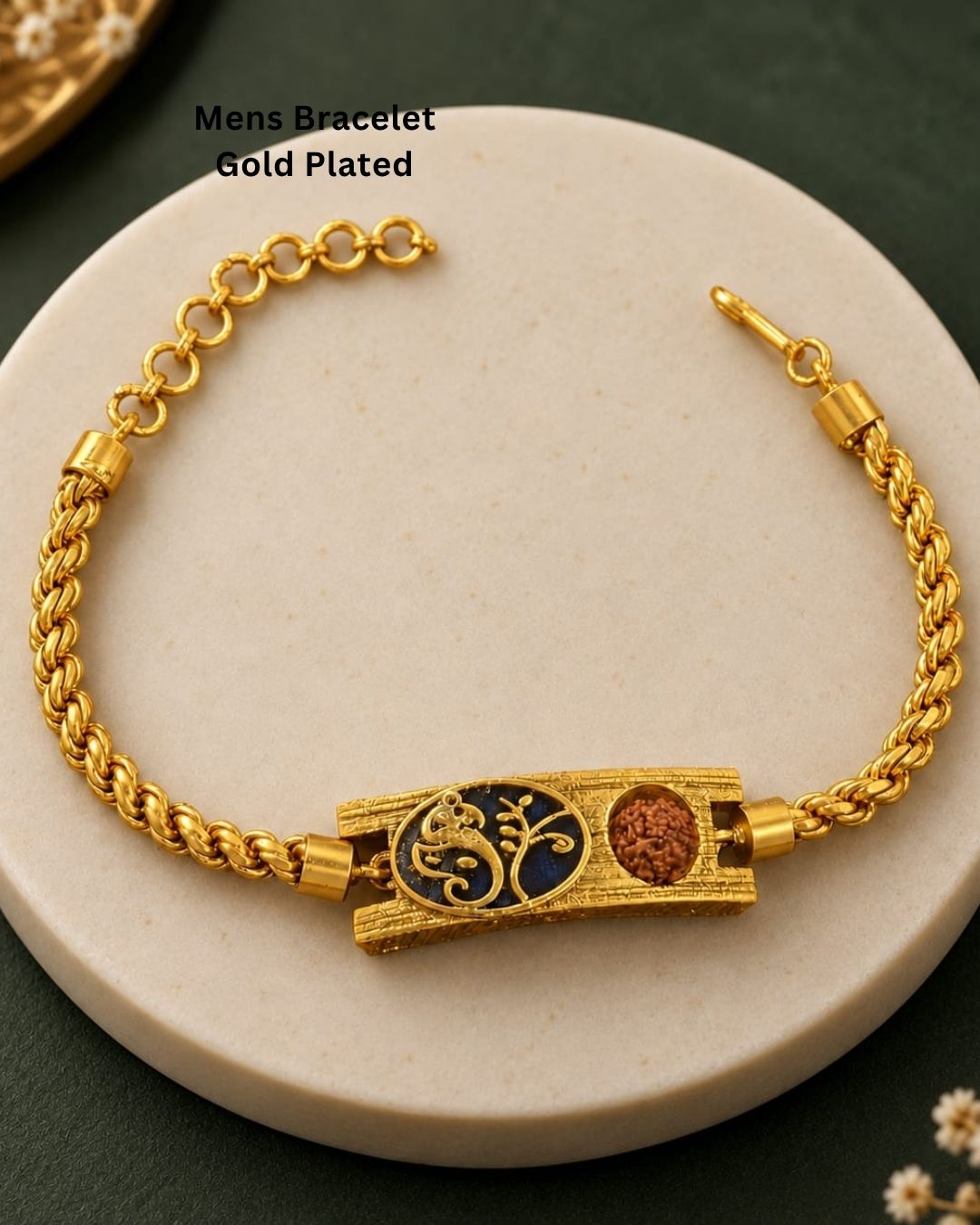 Stylish gold plated men’s bracelet featuring a braided chain, ornate rectangular centerpiece with black enamel detailing and a textured bead accent, perfect for daily wear, festive occasions, and traditional styling.