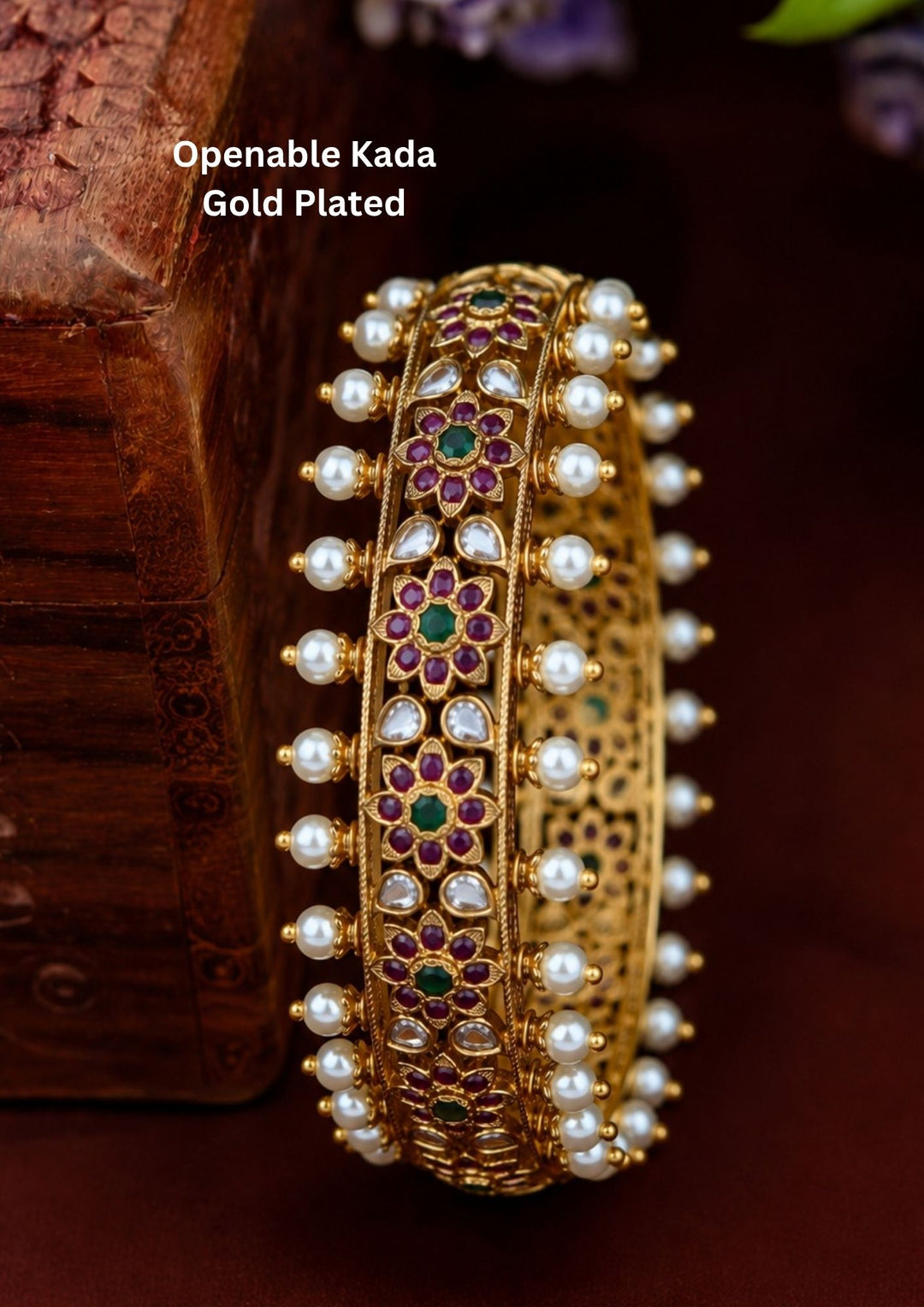 Beautiful Jadau Kundan gold plated openable kada adorned with pearls, floral motifs, and premium craftsmanship. Perfect for weddings, festive occasions, traditional wear, and gifting.