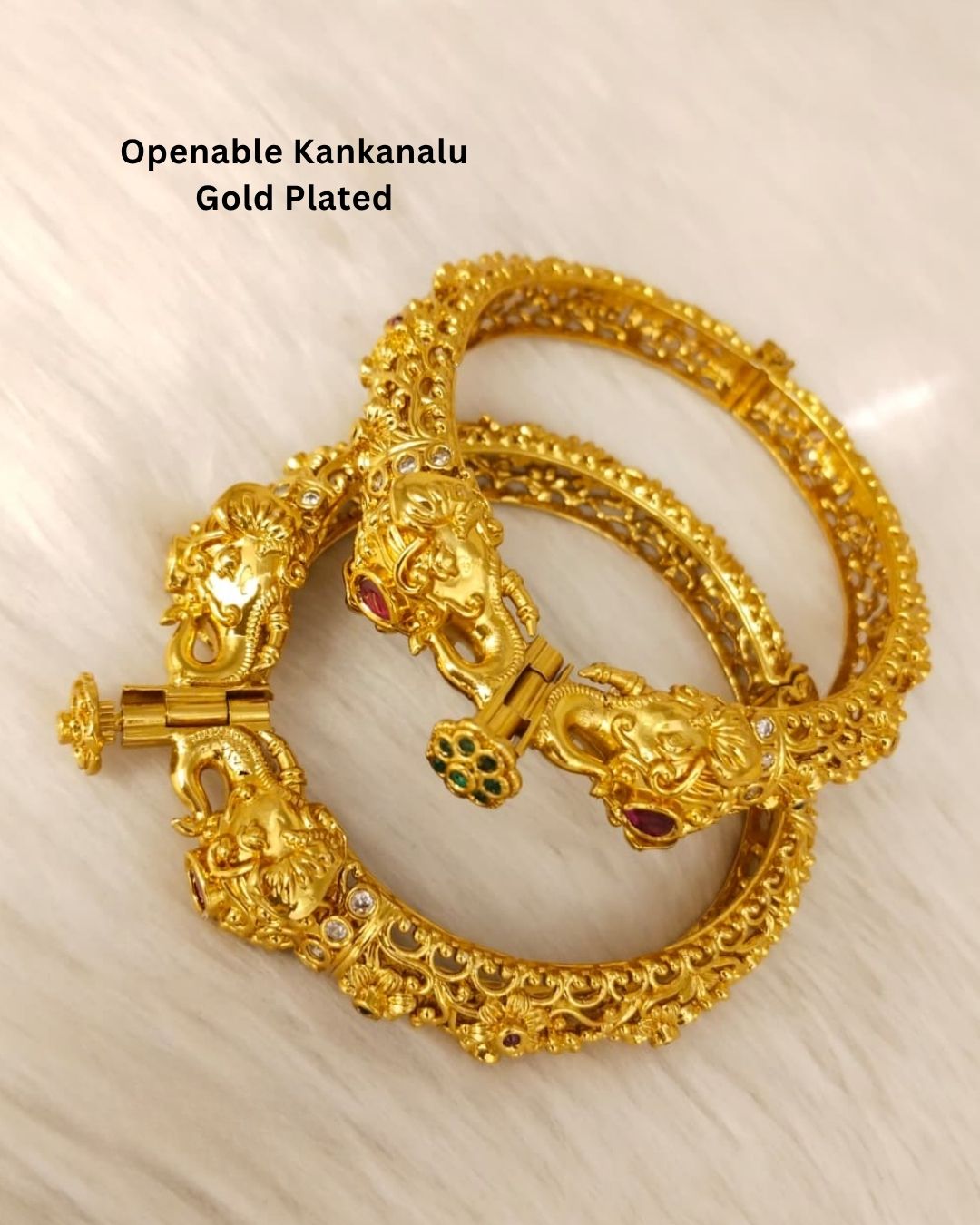 Beautiful temple design gold plated bangles featuring intricate motifs, detailed craftsmanship, and a traditional antique finish. Perfect for festive occasions, weddings, traditional outfits, and gifting.