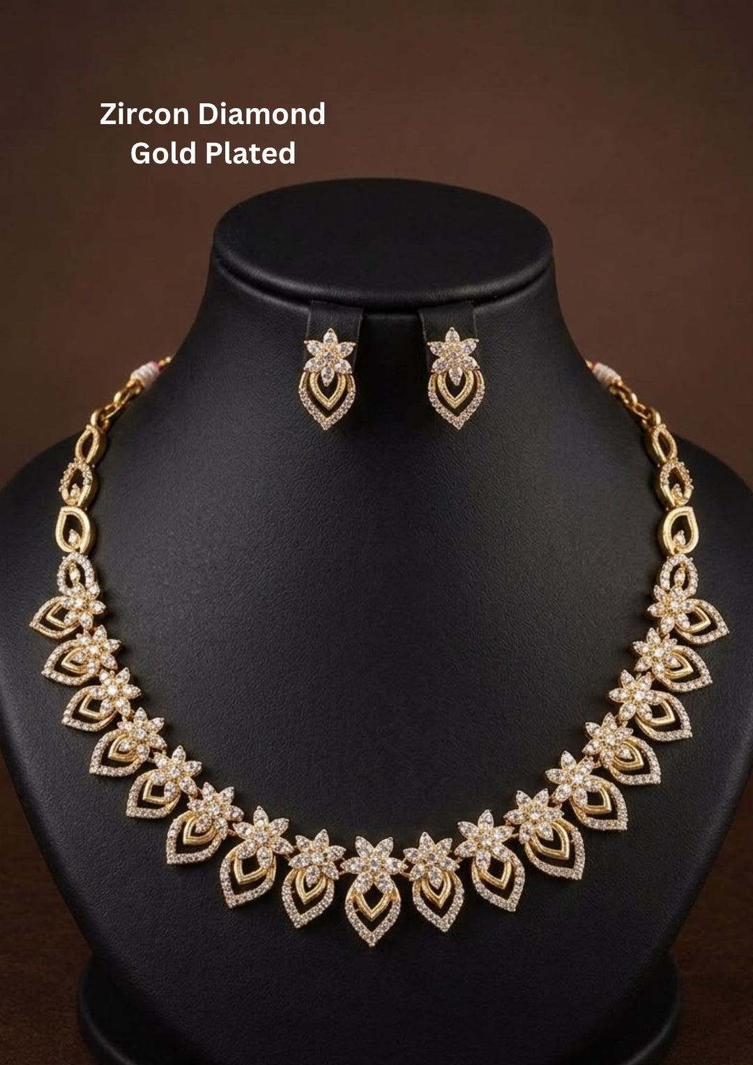 Elegant zircon diamond necklace set crafted with brilliant CZ stones, floral detailing, and matching earrings for weddings and parties.