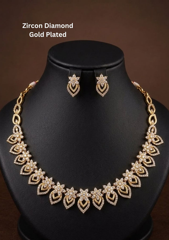 Elegant zircon diamond necklace set crafted with brilliant CZ stones, floral detailing, and matching earrings for weddings and parties.