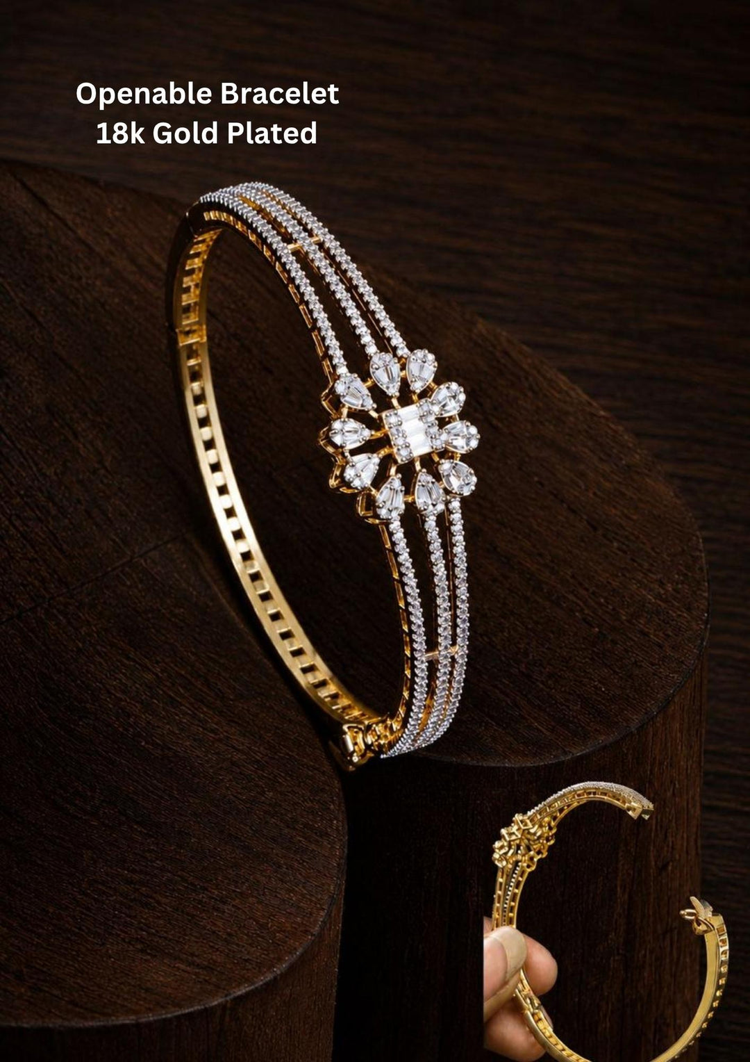 Openable zircon diamond 18K gold plated bracelet featuring sparkling white zircon stones with elegant floral center design, triple line diamond look detailing and premium gold plated finish. This lightweight bracelet is crafted with pear cut and round zircon stones that provide a rich and classy appearance suitable for daily wear, office wear, weddings, festivals.