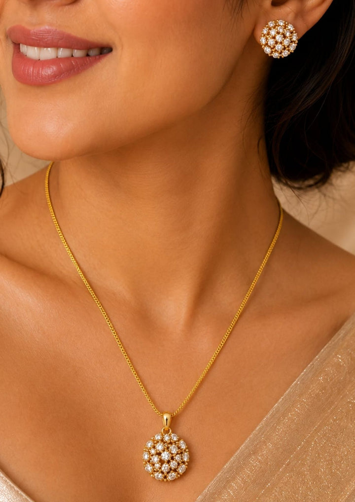 Premium 18K gold plated pendant and earrings set adorned with shimmering zircon stones in a timeless round cluster pattern for festive and daily wear.