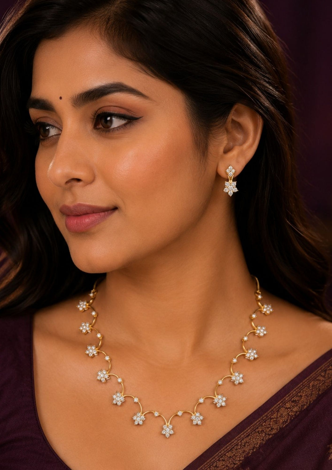 South Indian women wearing a Premium gold plated zircon diamond necklace featuring elegant floral motifs with sparkling CZ stones and matching designer earrings.