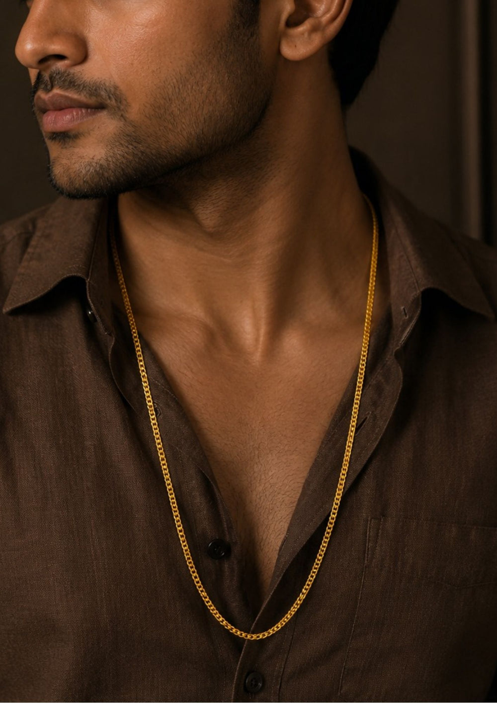 South Indian men wearing a Premium men's 18k gold plated chain featuring a durable woven link design with elegant gold finish. Perfect for daily wear, traditional occasions, and gifting.