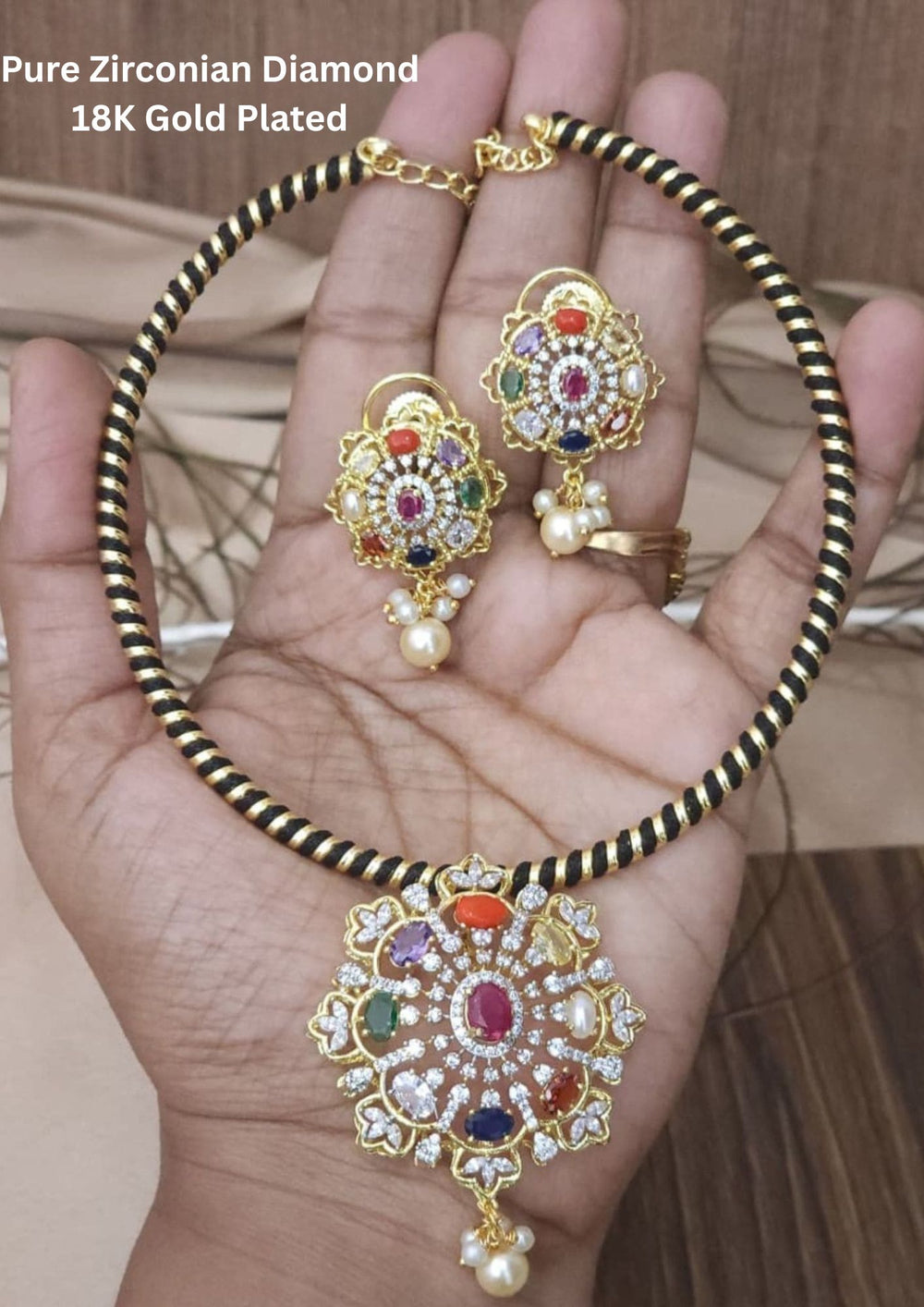 Pure Zirconian Diamond Gold Plated Beads Kanta Mangalsutra with Earrings 