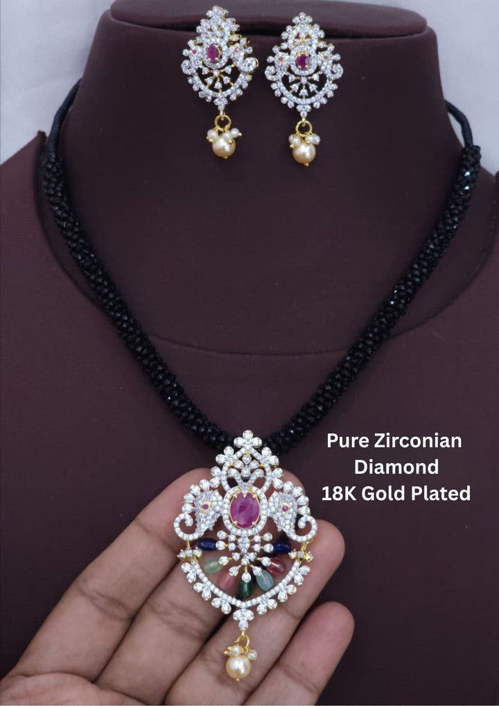 Pure Zirconian Diamond Gold Plated  Mangalsutra With Earrings