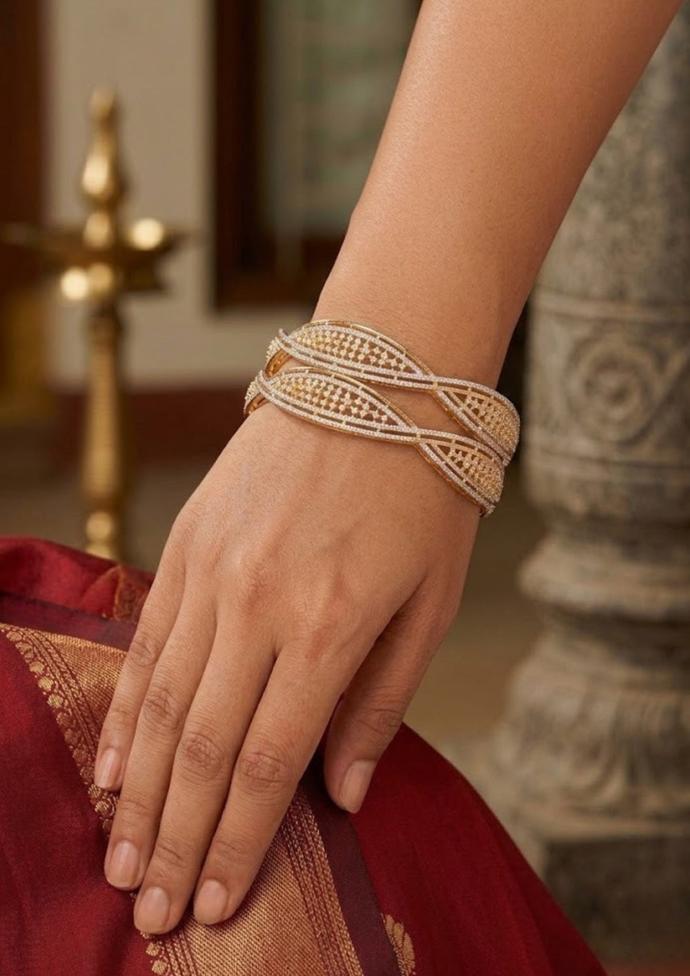 a pure Zircon diamond 18k gold plated twisted wave openwork kada set showing the curved infinity loop shape that gives a graceful traditional and modern look for wedding receptions with COD.