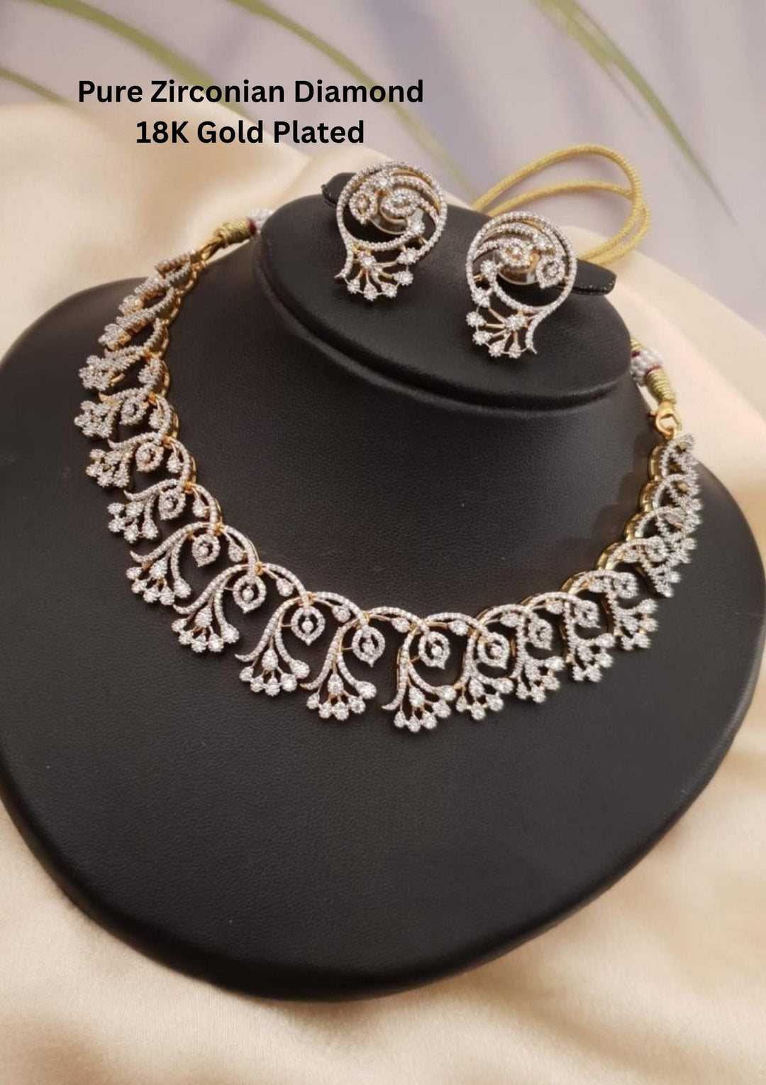 Pure Zirconian Diamond Gold Plated Floral Design Necklace with Earrings
