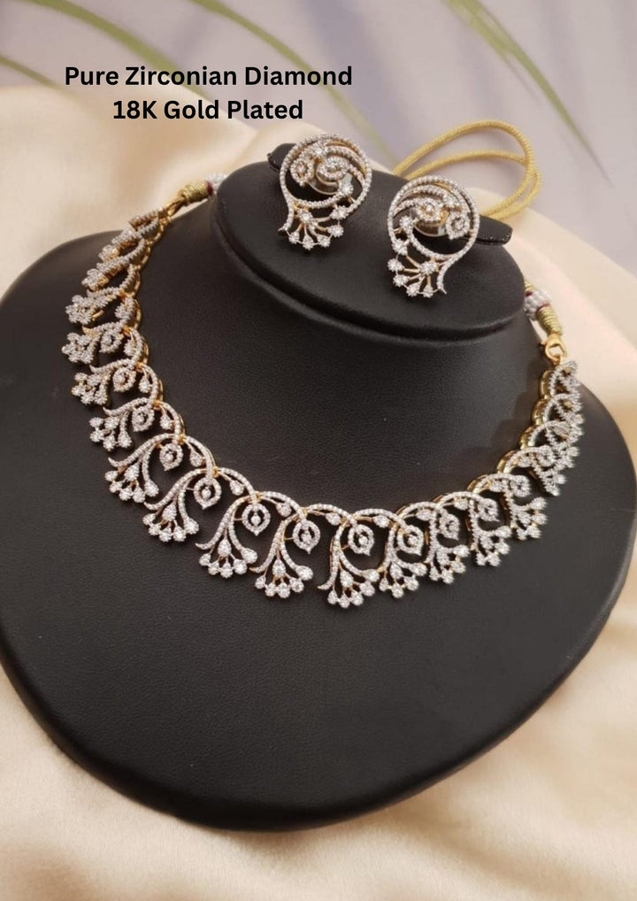 Pure Zirconian Diamond Gold Plated Floral Design Necklace with Earrings