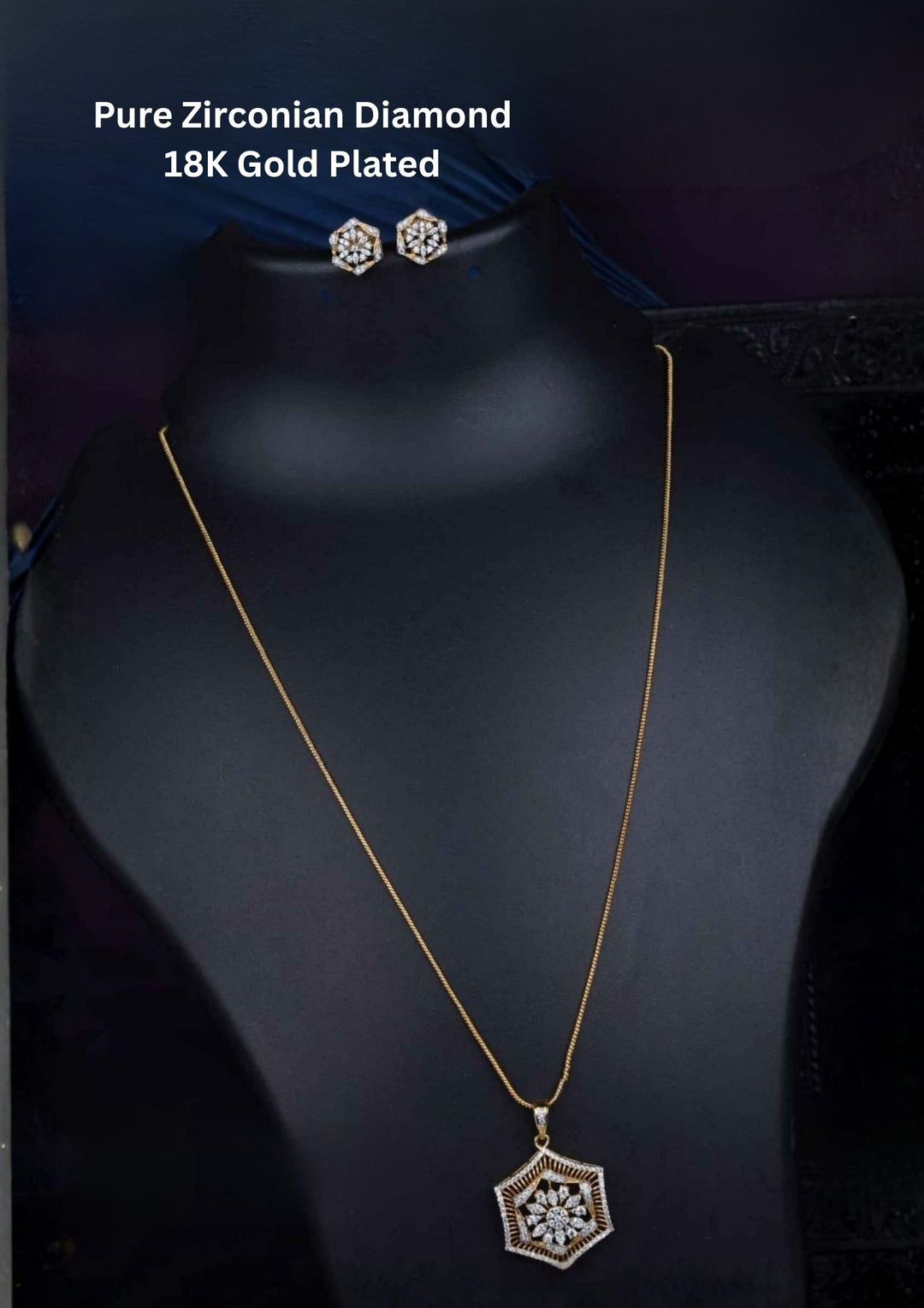 Zirconian diamond 18K gold plated pendant set with matching floral studs and lightweight long chain necklace suitable for daily wear, festive wear, and traditional occasions with Sweat proof, anti-fade colour, skin-friendly finish.