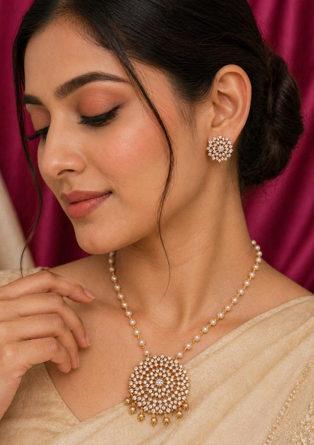 south indian women wearing a Gold plated small stud earrings featuring a traditional side-facing peacock design. The body and feathers of the peacock are crafted with clean, textured gold line details, and a single tiny gold bead hangs gently from the bottom of the bird shape, providing a simple, classic look suitable for daily wear, office wear, and small festivals.