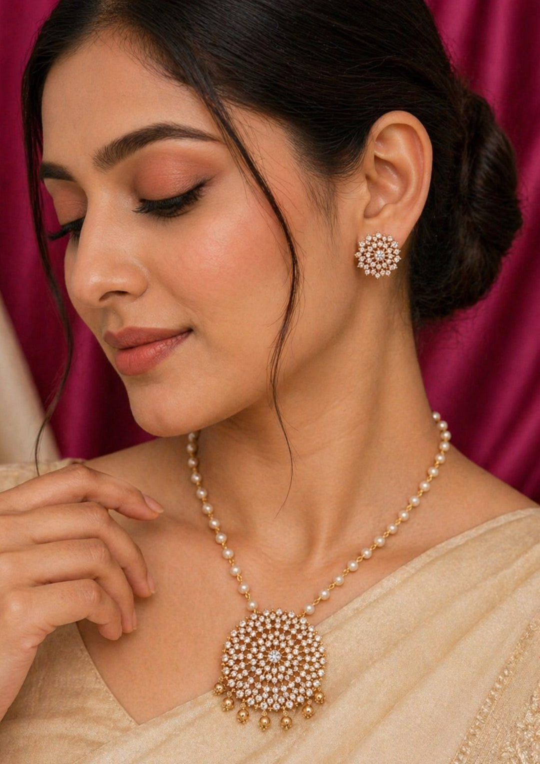 south indian women wearing a Gold plated small stud earrings featuring a traditional side-facing peacock design. The body and feathers of the peacock are crafted with clean, textured gold line details, and a single tiny gold bead hangs gently from the bottom of the bird shape, providing a simple, classic look suitable for daily wear, office wear, and small festivals.
