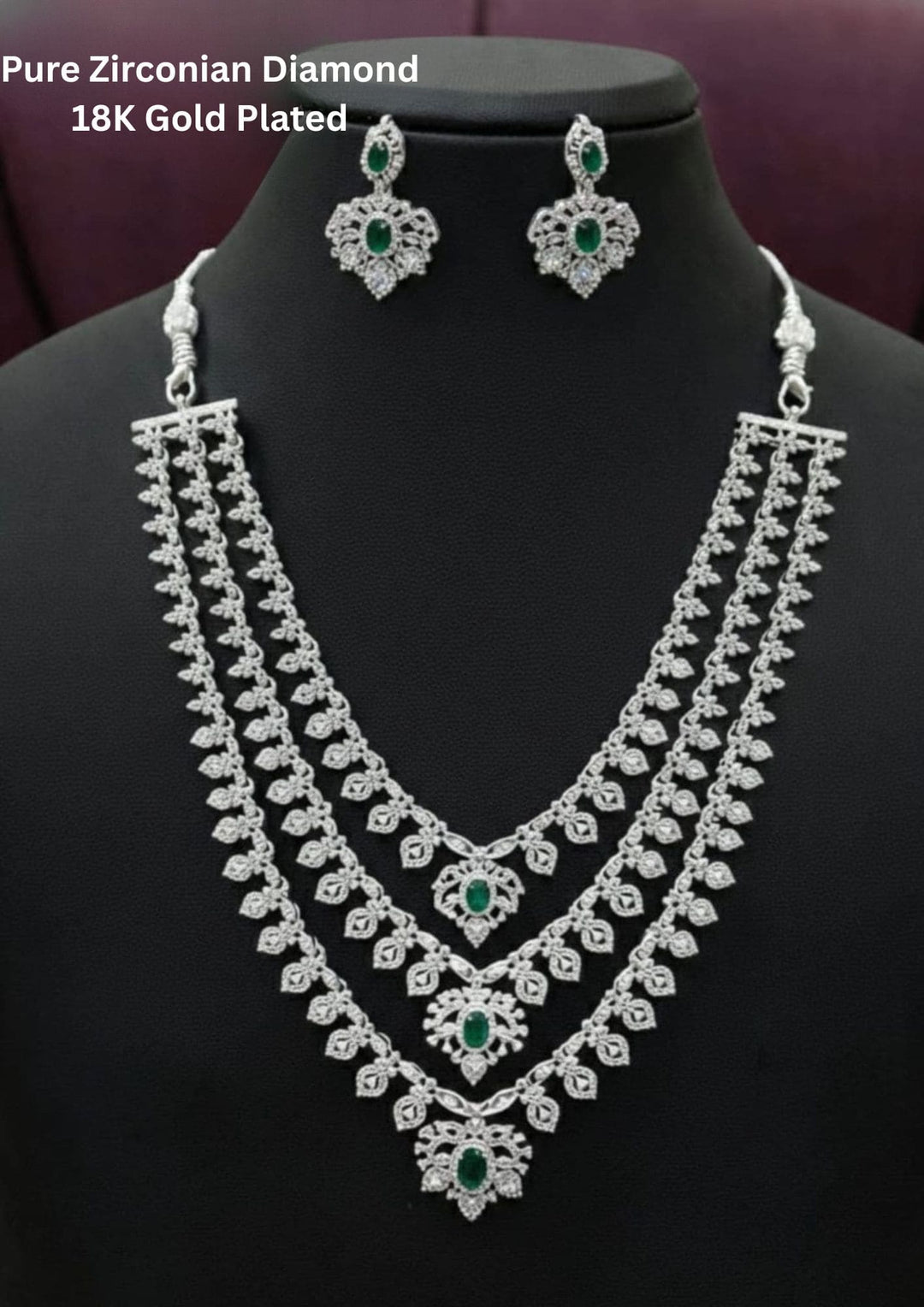 Pure Zirconian Diamond Gold Plated 3 Line Necklace With Earrings