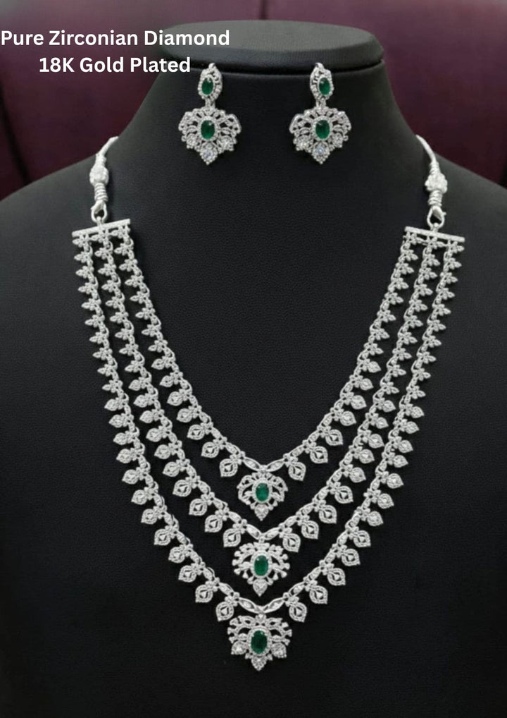 Pure Zirconian Diamond Gold Plated 3 Line Necklace With Earrings
