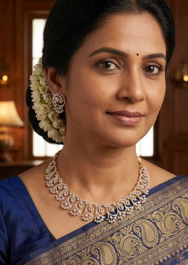 Pure Zirconian Diamond Gold Plated Floral Design Necklace with Earrings Model Pic