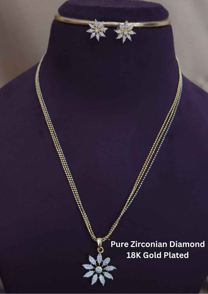 Pure Zirconian Diamond Gold Plated Flower Necklace with Earrings