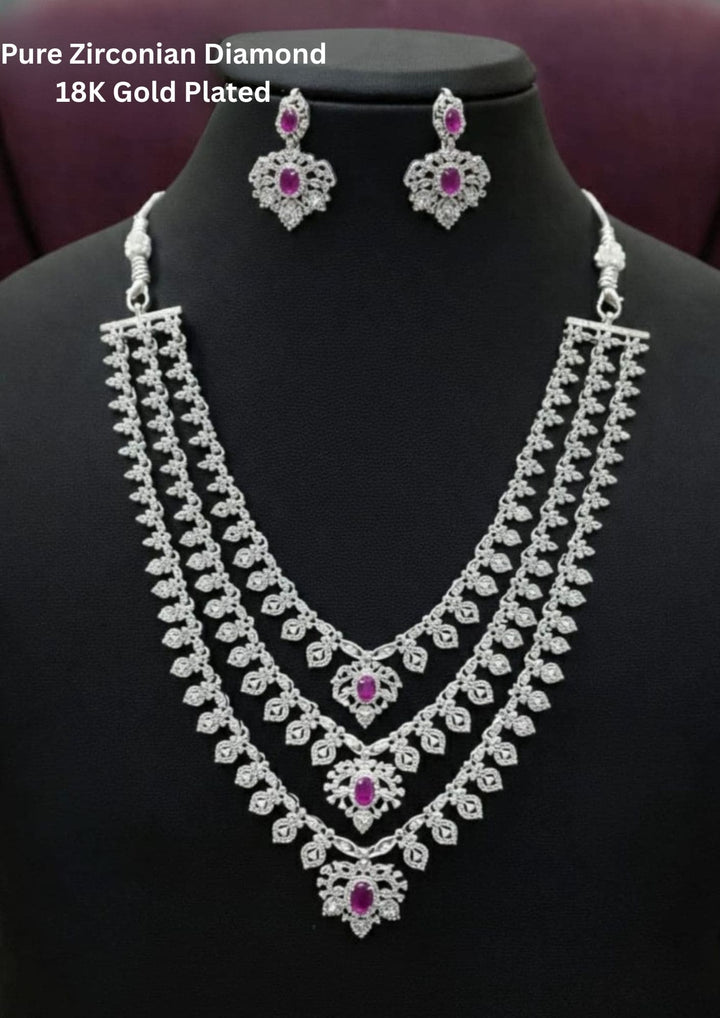 Pure Zirconian DiamondGold Plated 3 Line Necklace With Earrings