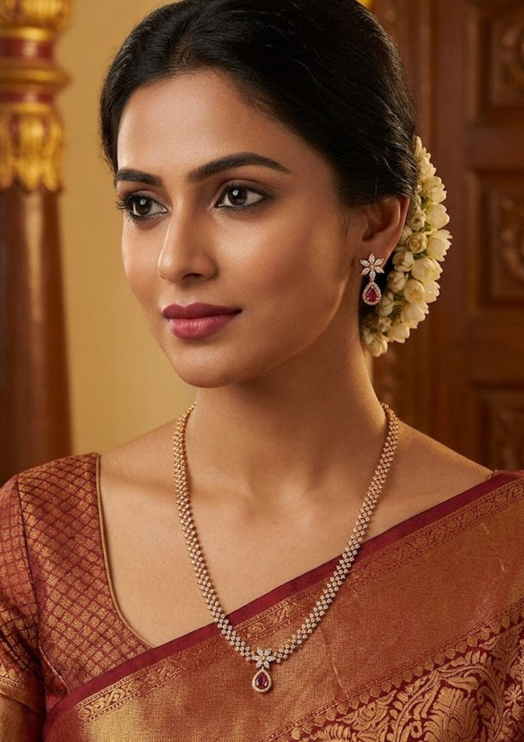 Pure Zirconian Diamond Gold Plated Necklace With Earrings Model Pic