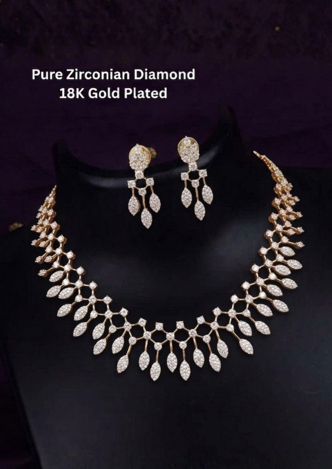 Pure Zirconian Diamond Gold Plated Floral Design Necklace with Earrings 