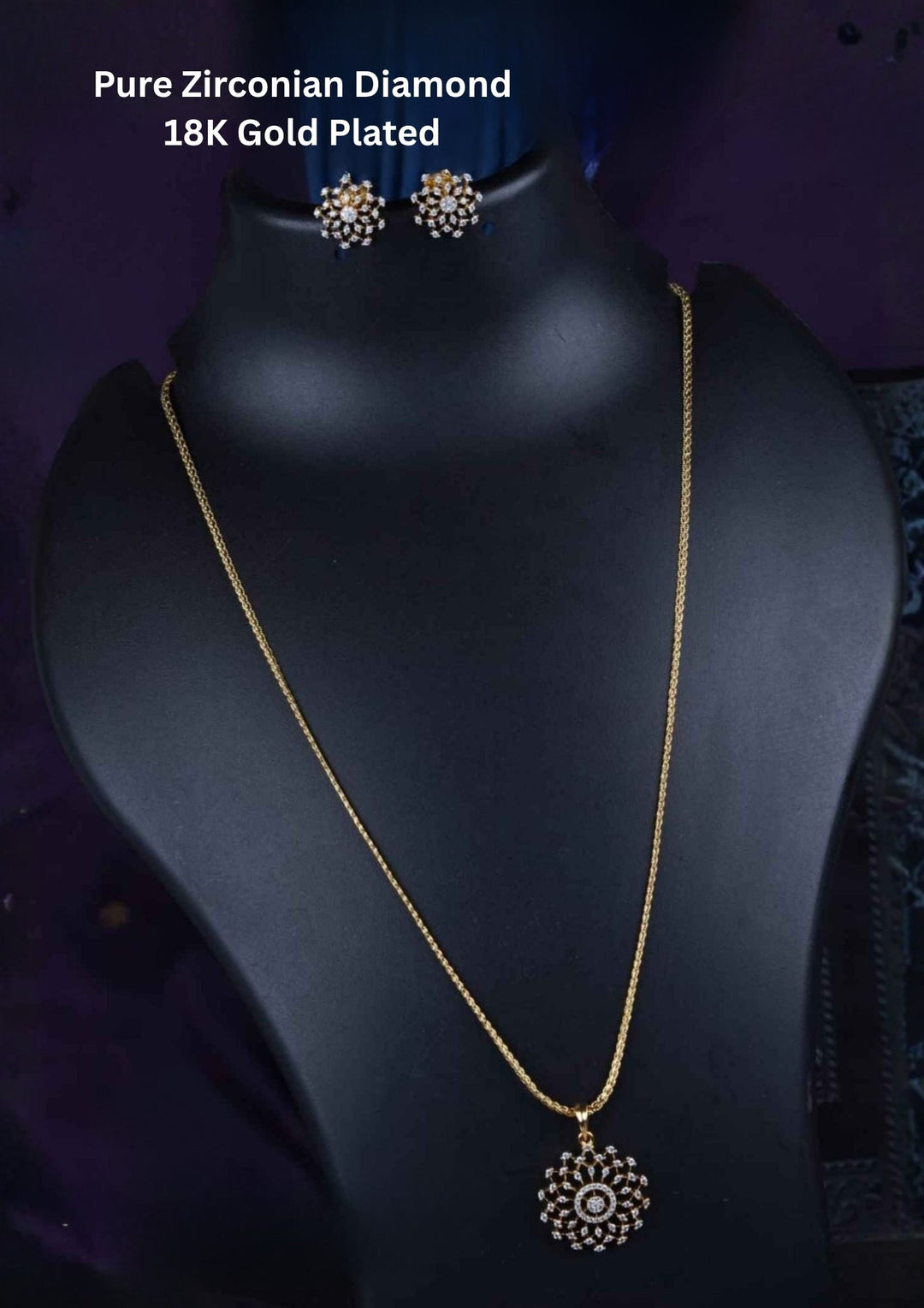 Zirconian diamond 18K gold plated pendant set with matching floral studs and lightweight long chain necklace suitable for daily wear, festive wear, and traditional occasions with Sweat proof, anti-fade colour, skin-friendly finish.