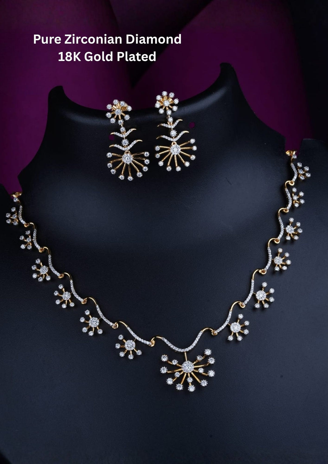 Pure Zirconian Diamond Gold Plated Matt Finish Necklace with Earrings 