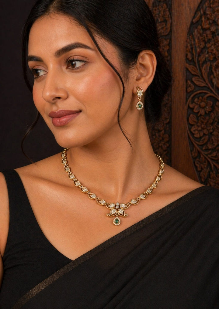 Pure Zirconian Diamond Gold Plated Necklace With Earrings  Model Pic