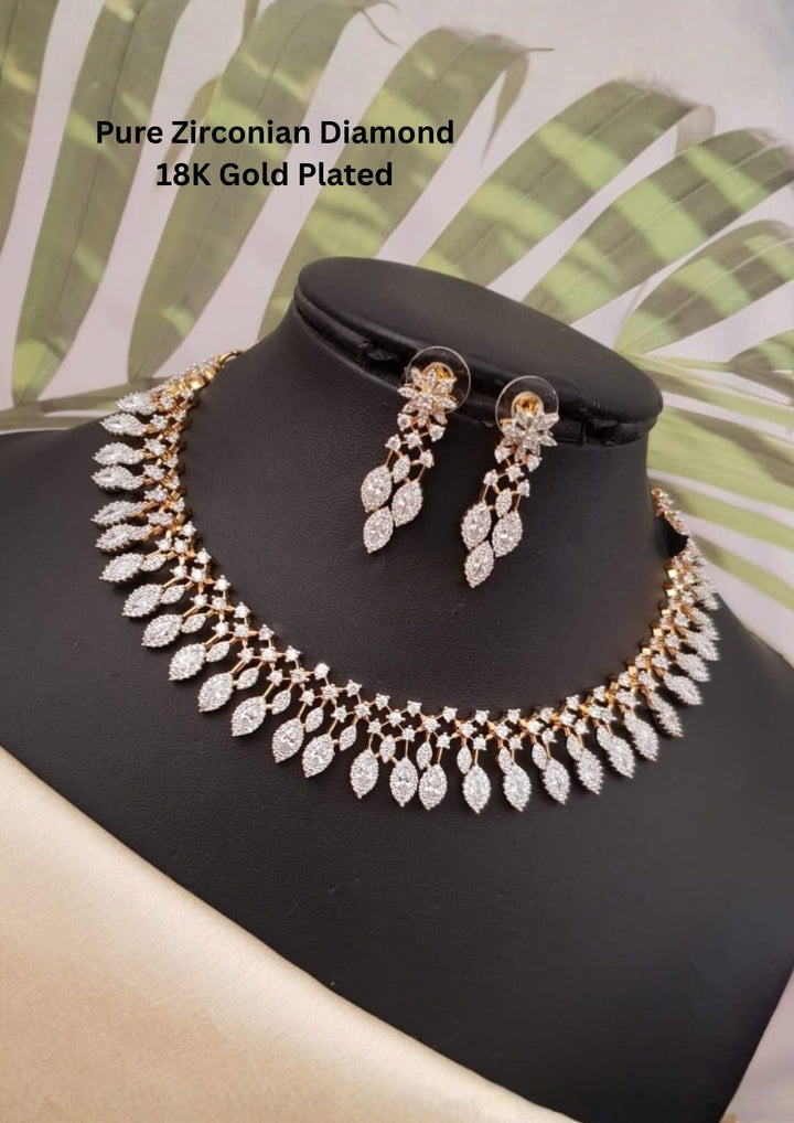 Pure Zirconian Diamond Gold Plated Floral Design Necklace with Earrings 
