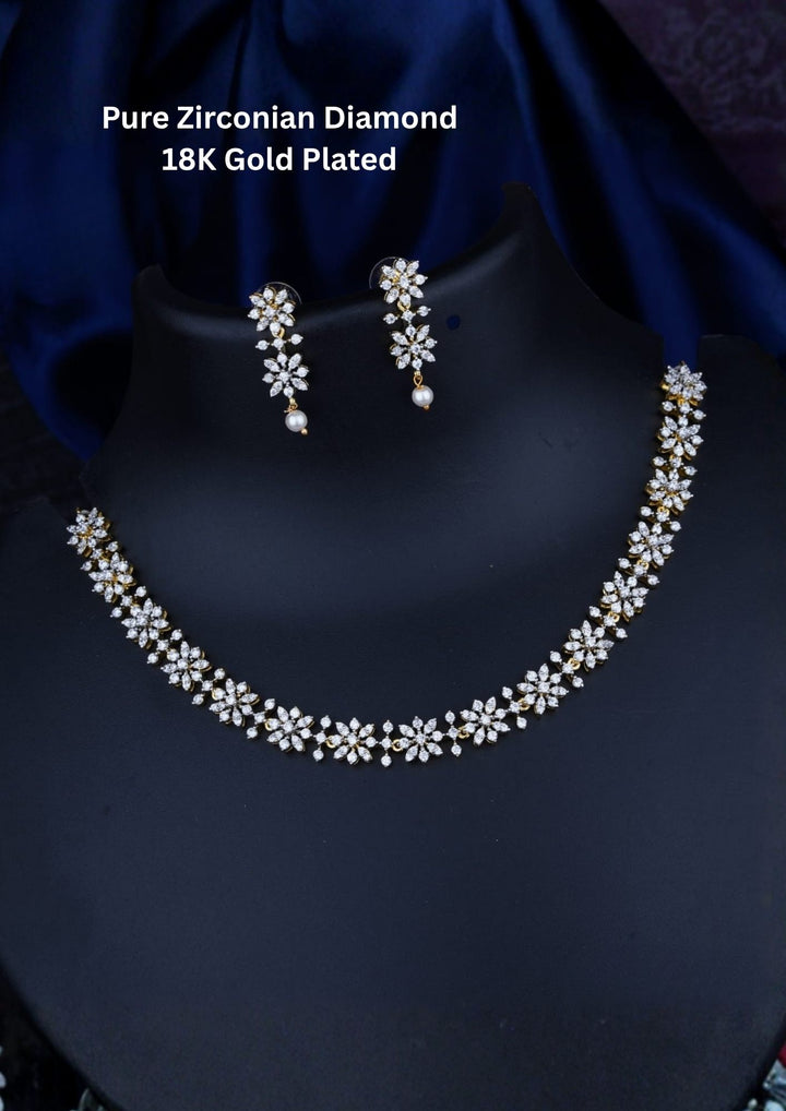 Pure Zirconian Diamond Gold Plated Necklace With Earrings