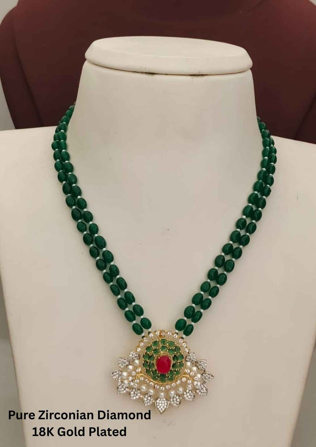 Pure Zirconian Diamond Beads Gold Plated Emerald & Ruby Necklace 