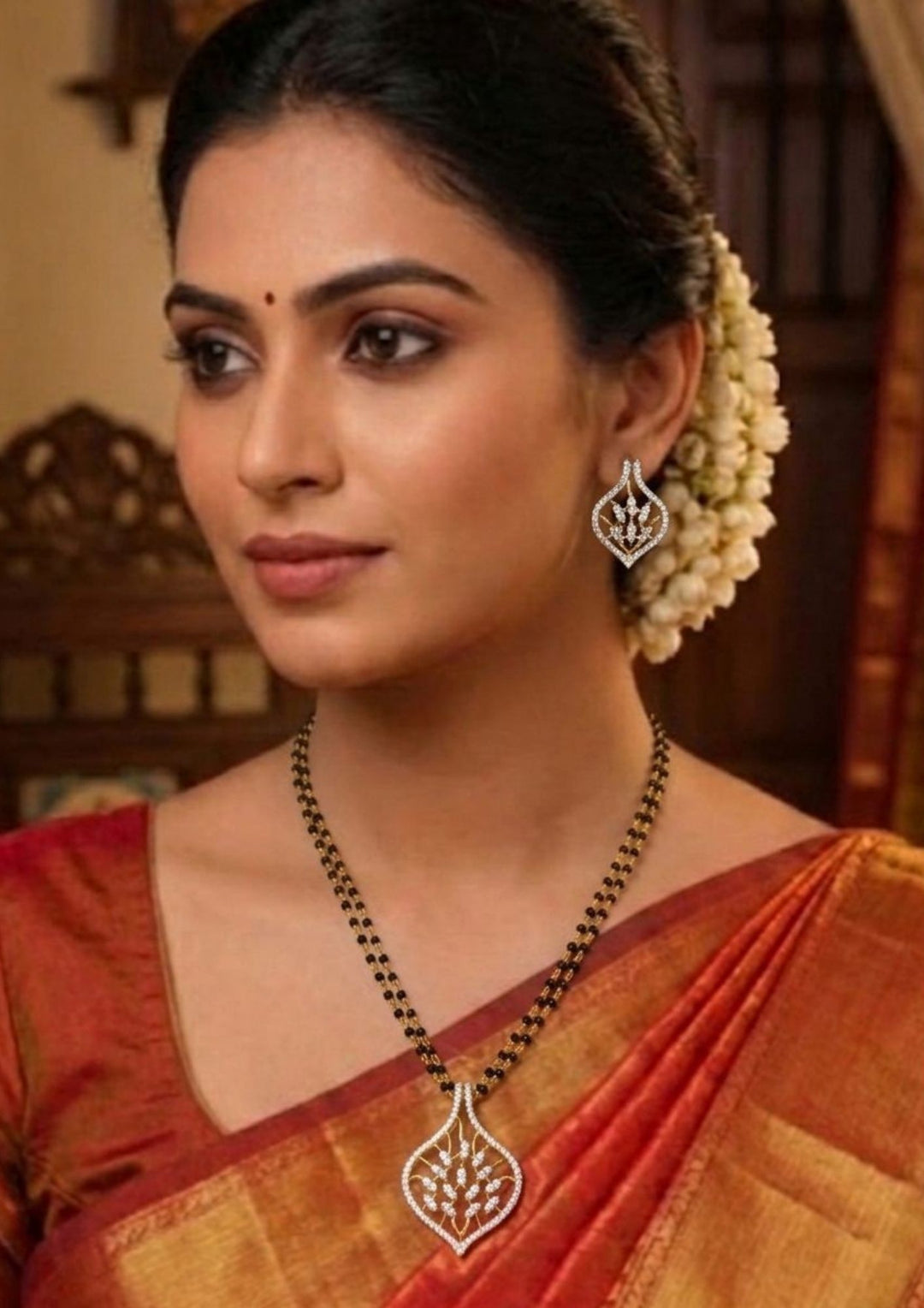 Pure Zirconian Diamond Floral Double Layer Mangalsutra Model Pic