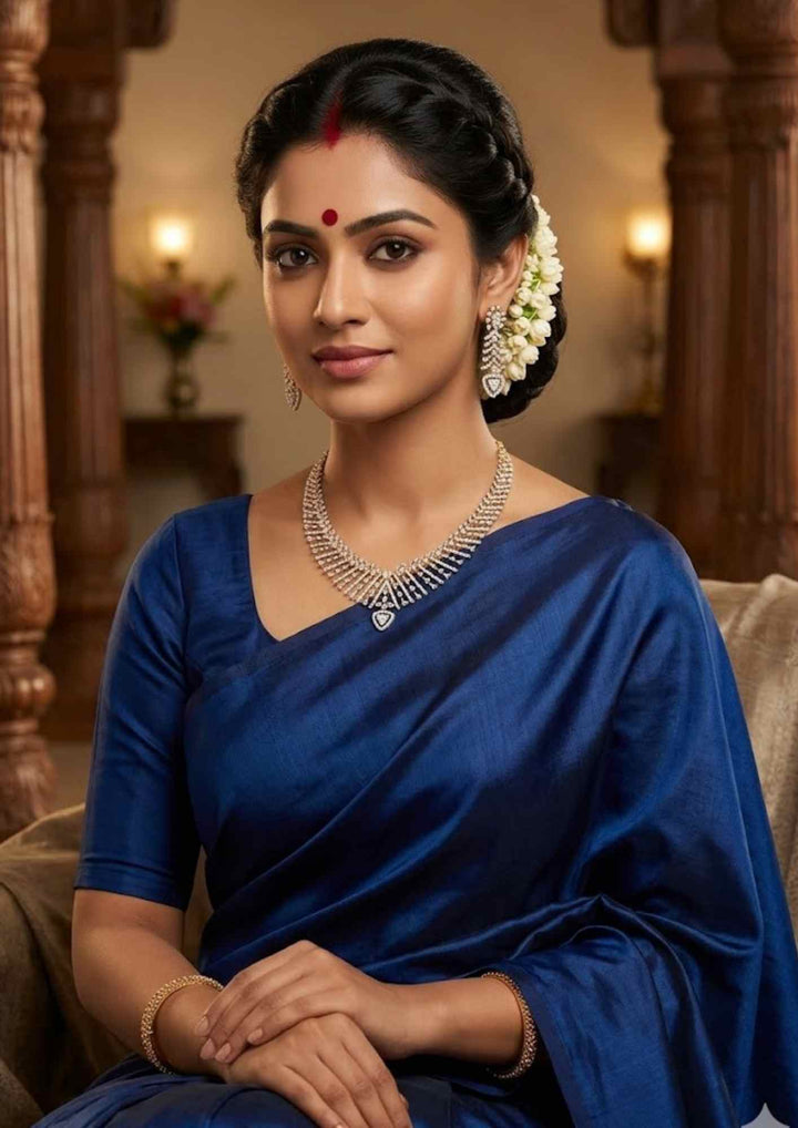 South indian Woman pure Zirconian diamond 18k gold plated chevron fringe V-necklace set over a dark blue background displaying matching drop earrings that give a graceful traditional and modern look for reception parties with COD.