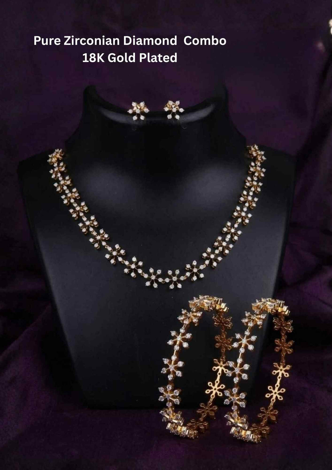 Pure Zirconian Diamond Gold Plated Flower Necklace Set and Bangles Combo