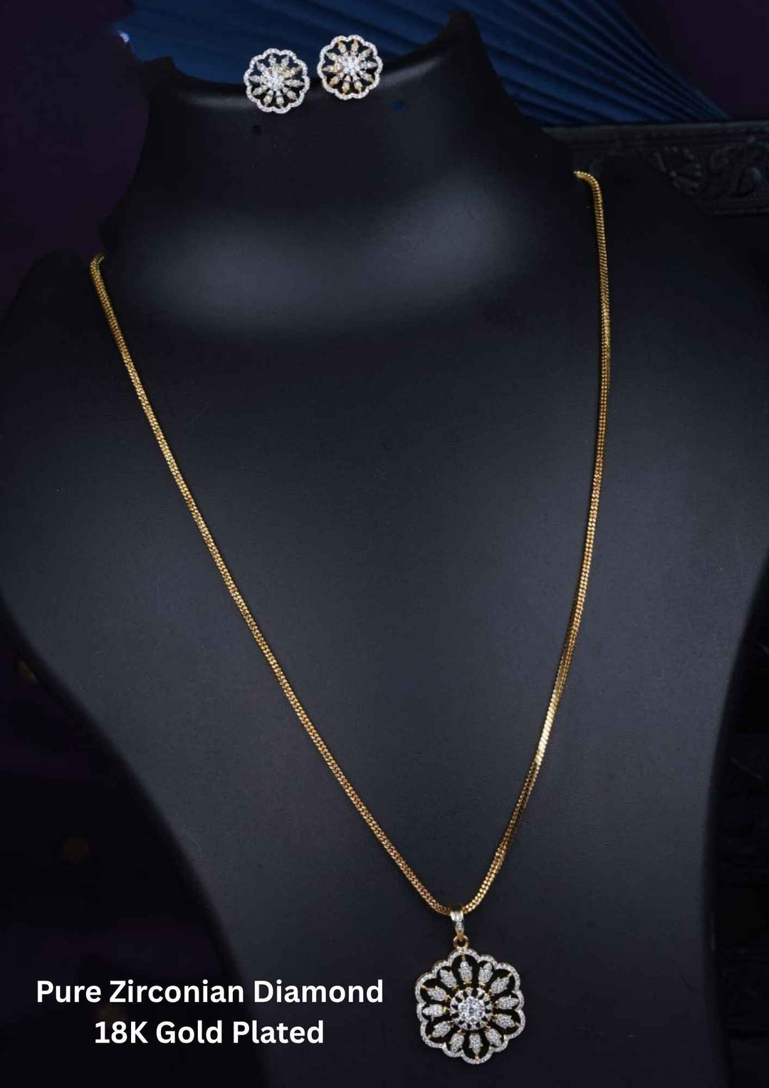Pure Zirconian Diamond Gold Plated Long Chain with Studs 