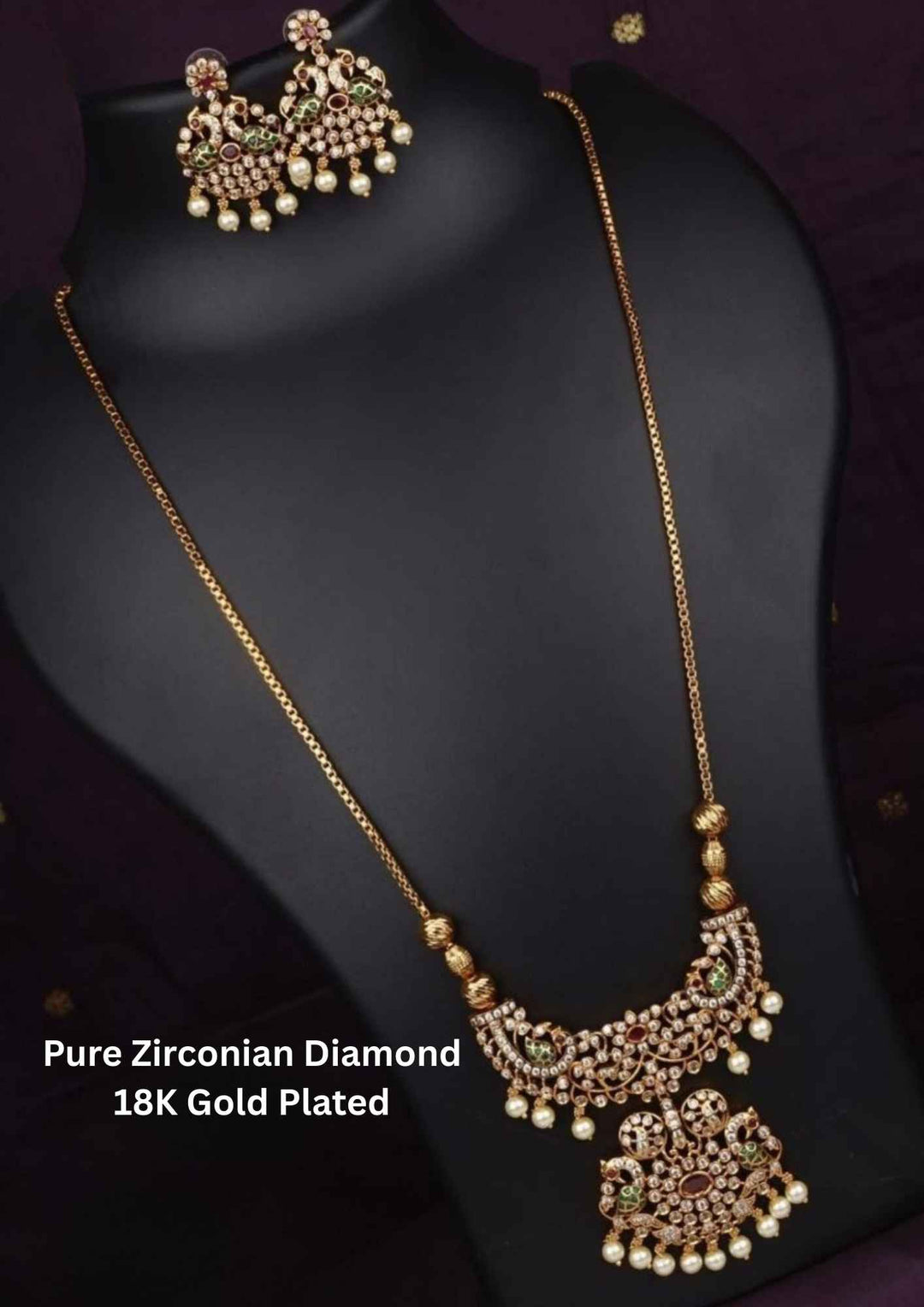 Pure Zirconian Diamond Gold Plated Long Pearl Drop Necklace With Earrings