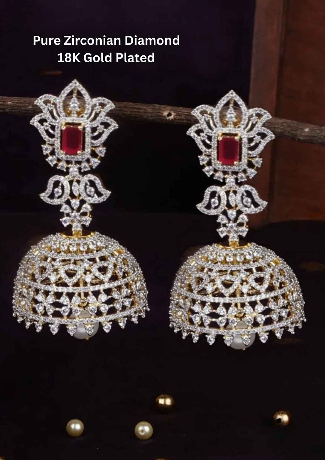 Pure Zirconian Diamond GoldPlated Pearl Drops Jhumkas