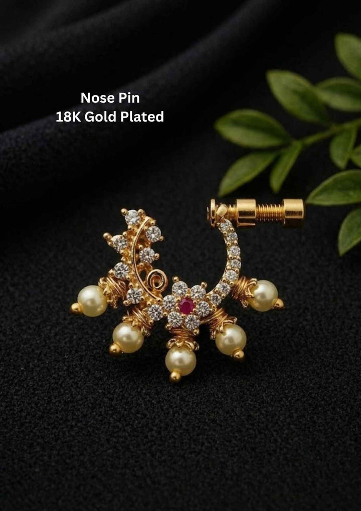 Pure Zirconian Diamond Gold Plated Screw Nose Pin / Nath 