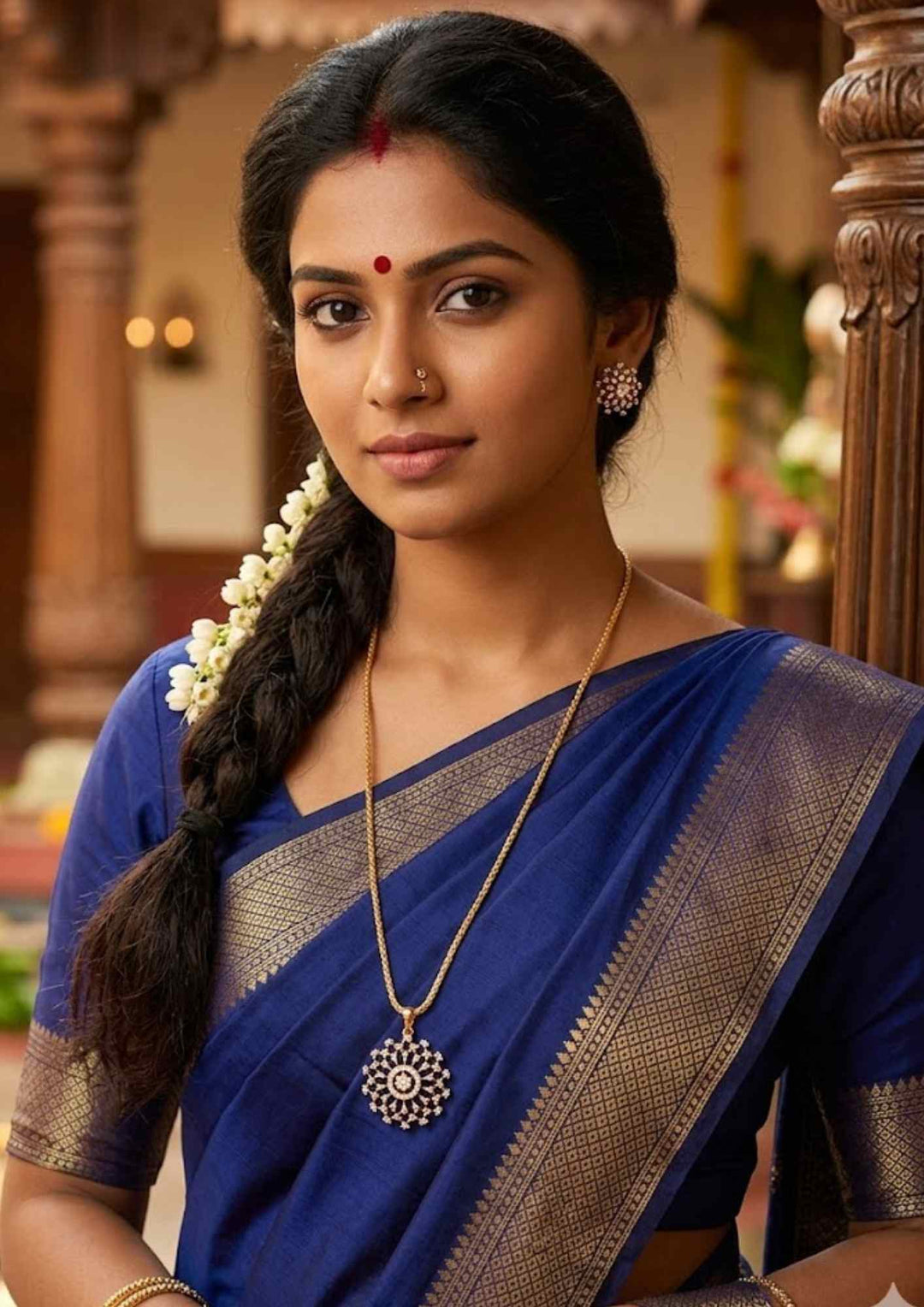 South Indian women wearing a zirconian diamond 18K gold plated pendant set with matching floral design earrings that gives an elegant traditional look and can be used for festivals, functions, and daily wear with lightweight, Sweat proof, anti-fade colour, and skin-safe finish.