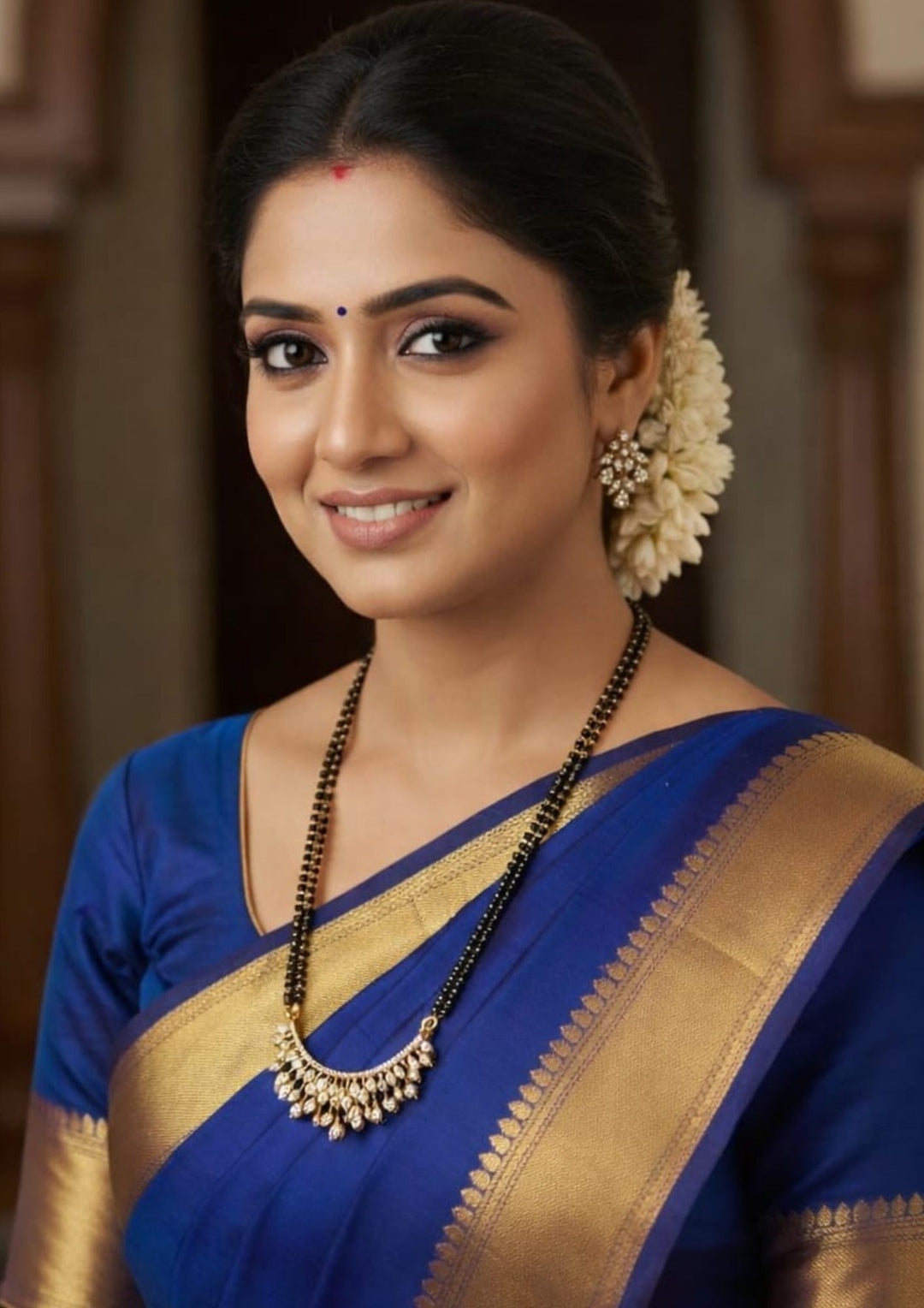 Close-up of South indian women wearing an 18K Gold Plated mangalsutra necklace set highlighting the half moon pendant design covered in white zircon diamonds. The dual-layered black bead chain pattern offers a lightweight, sweat-proof, and anti-fade quality, making it an elegant, comfortable jewelry choice for daily wear, festivals, and special events.
