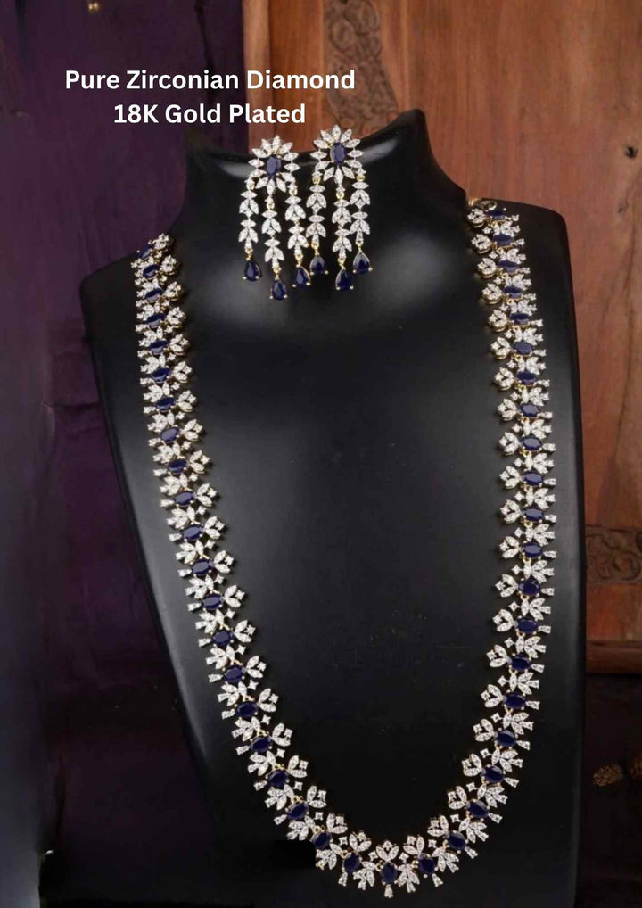 Pure Zirconian Diamond Gold Plated Blue Haram (Necklace) With Earrings