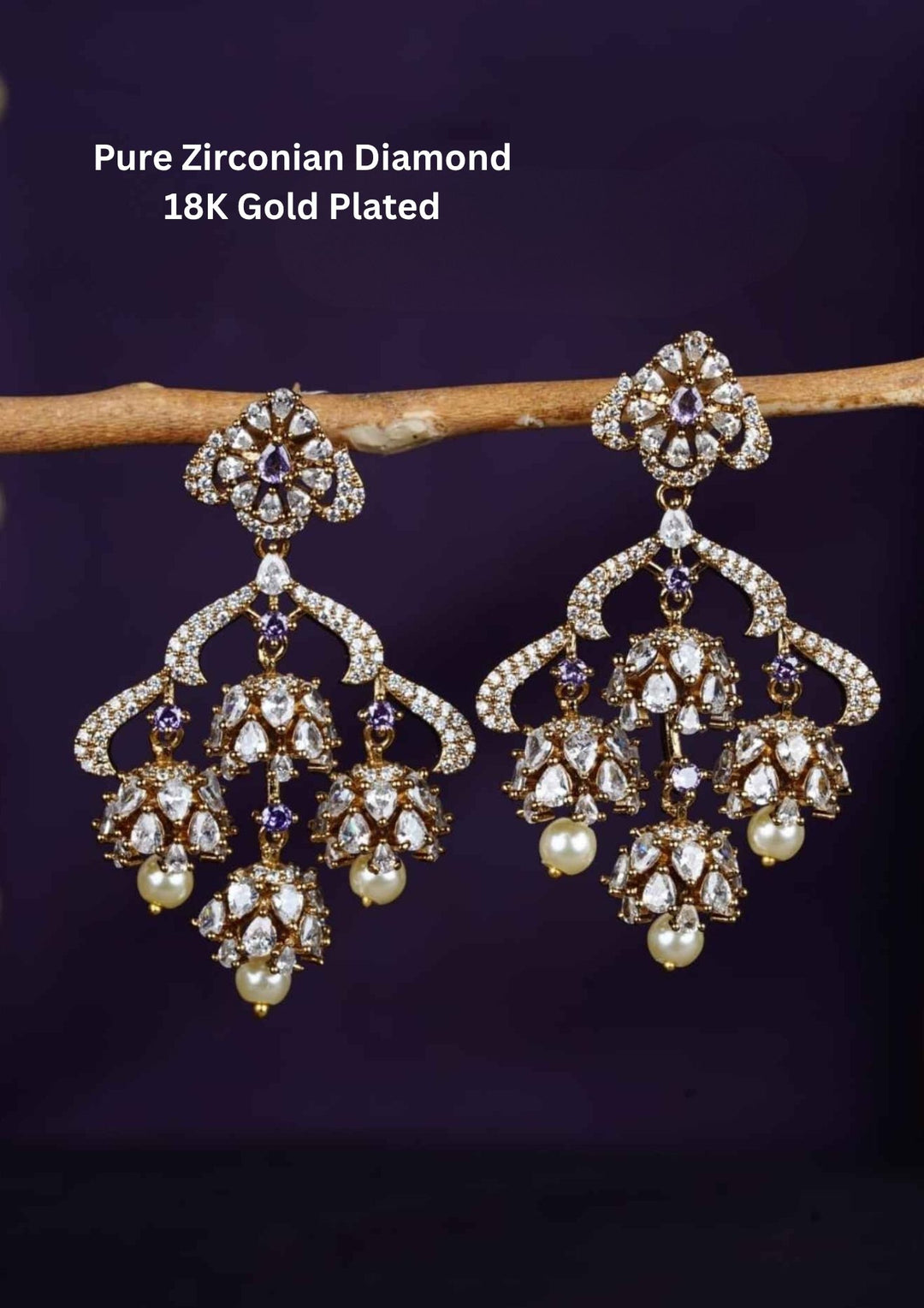 Pure Zirconian Diamond Gold Plated Chandbali Earrings Blue Gemstones