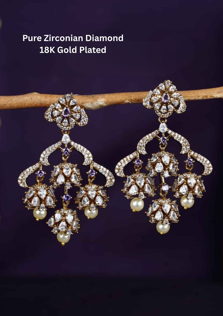Pure Zirconian Diamond Gold Plated Chandbali Earrings Blue Gemstones