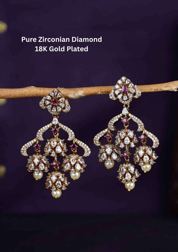 Pure Zirconian Diamond Gold Plated Chandbali Earrings Purple Gemstones